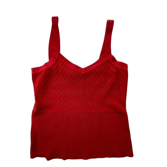 Grace Tops - Grace Red Knit Sleeveless V-Neck Tank Top Ribbed Pattern Small Classic Stretch